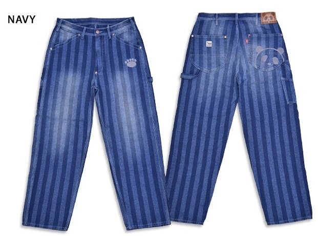 熊猫謹製ストライプジャガードワイドペインターパンツ◆PANDIESTA JAPAN ネイビー 38inch 38インチ 585651 パンディエスタジャパン拍卖