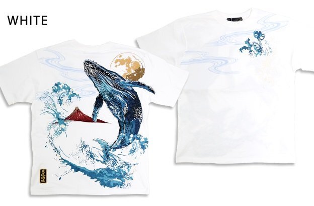 粋 駿河湾鯨半袖Tシャツ◆絡繰魂 ホワイトMサイズ 252028 和柄 和風 クジラ くじら 刺繍 からくり拍卖