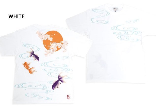 夜桜金魚半袖Tシャツ◆絡繰魂 ホワイトMサイズ 252031 和柄 和風 刺繍 きんとと 満月 からくり拍卖