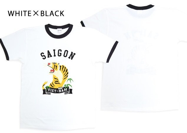 リンガー半袖Tシャツ「TIGER」◆HOUSTON ホワイト×ブラック XXLサイズ 22304 ヒューストン 虎 タイガー アメカジ シンプル拍卖