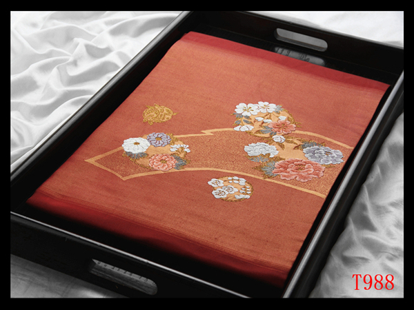 蔵【T988】西陣美品 赤丹色地 気品豊かに 正絹純金糸高級美術名古屋帯 ◇検◇簪着物袋帯和装小物帯締め拍卖