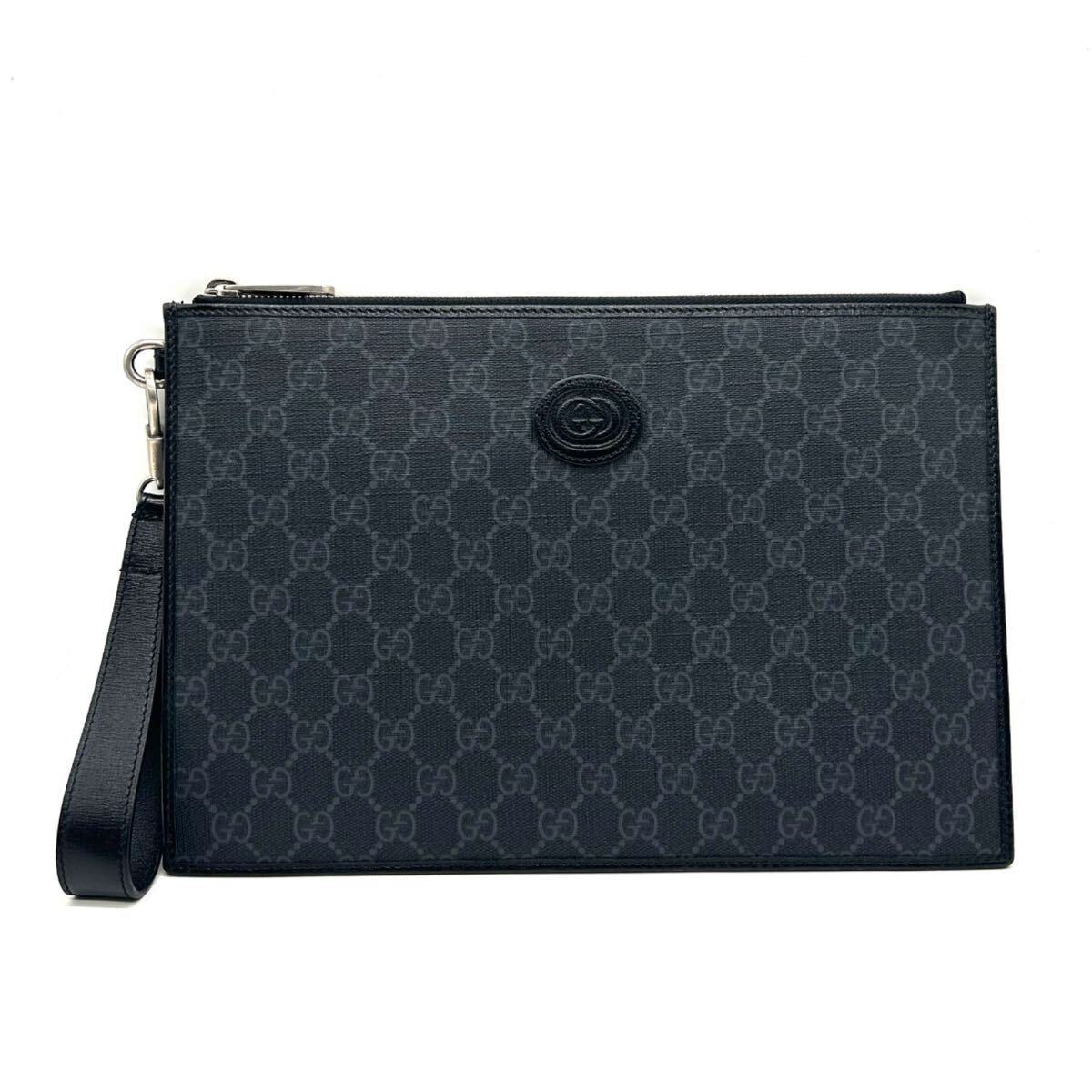 GUCCI グッチ GGスプリーム クラッチバッグ 美品 ブラック ストラップ付き 672953 ハンドバッグ クラッチ バッグ メンズ拍卖