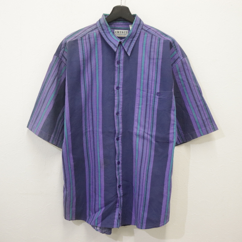 i177 90sビンテージ IMPACT 半袖シャツ■1990年代製 表記Lサイズ ネイビー 紺 ストライプ アメカジ 古着 古着卸 オールド 激安 希少 検 80s拍卖