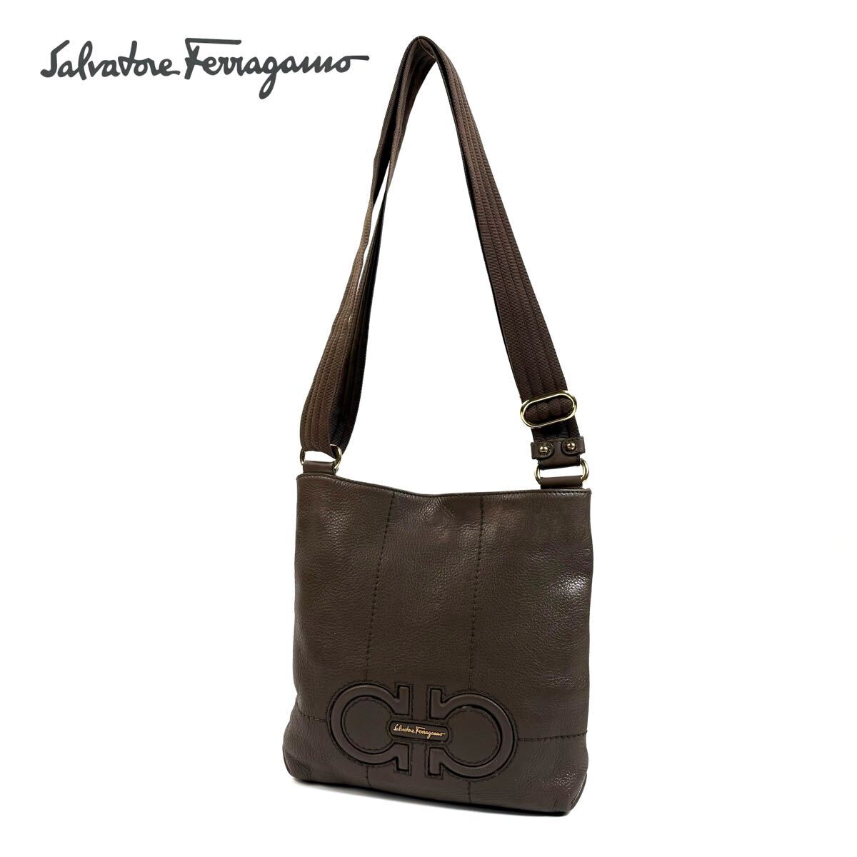 【美品】Salvatore Ferragamo フェラガモ レザー 肩掛け トートバッグ ワン ショルダーバッグ ガンチーニ シボ革 ブラウン イタリア製拍卖