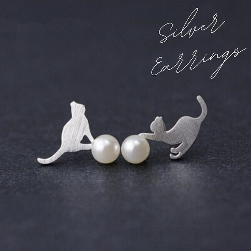 003 シルバー 925 パール ピアス ペア 猫 ねこ 玉乗り 大人可愛い ガーリー ネコ アクセサリー拍卖