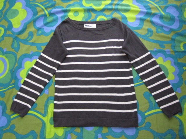 MHL. マーガレットハウエル コットン ボーダーセーター ダークグレー/ホワイトボーダー レディースⅡ 綿100 USEDキレイ拍卖