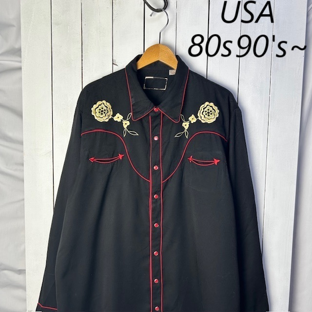 sh●856 USA古着 80s90s~ フラワー刺繍 ウエスタンシャツ 黒 XL~2XL オールド ヴィンテージ 長袖 レーヨン ポリ エンブロイダリー拍卖
