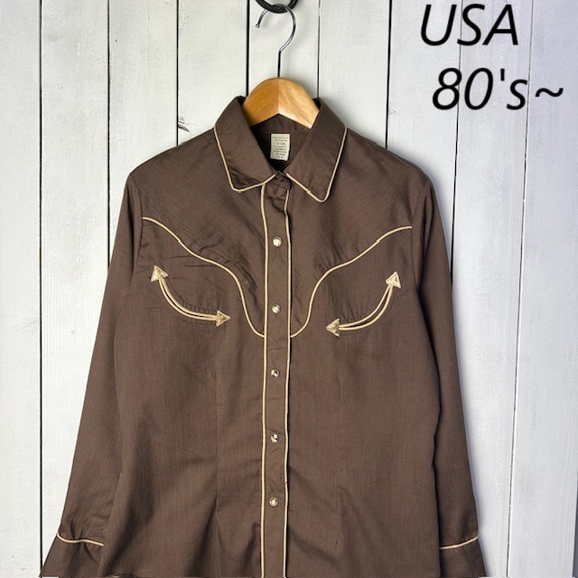 sh●857 USA古着 80s~90s ウエスタンシャツ 焦茶 36 S~M オールド ヴィンテージ アメリカ古着 長袖 薄手 短丈 春夏 ポリコットン拍卖