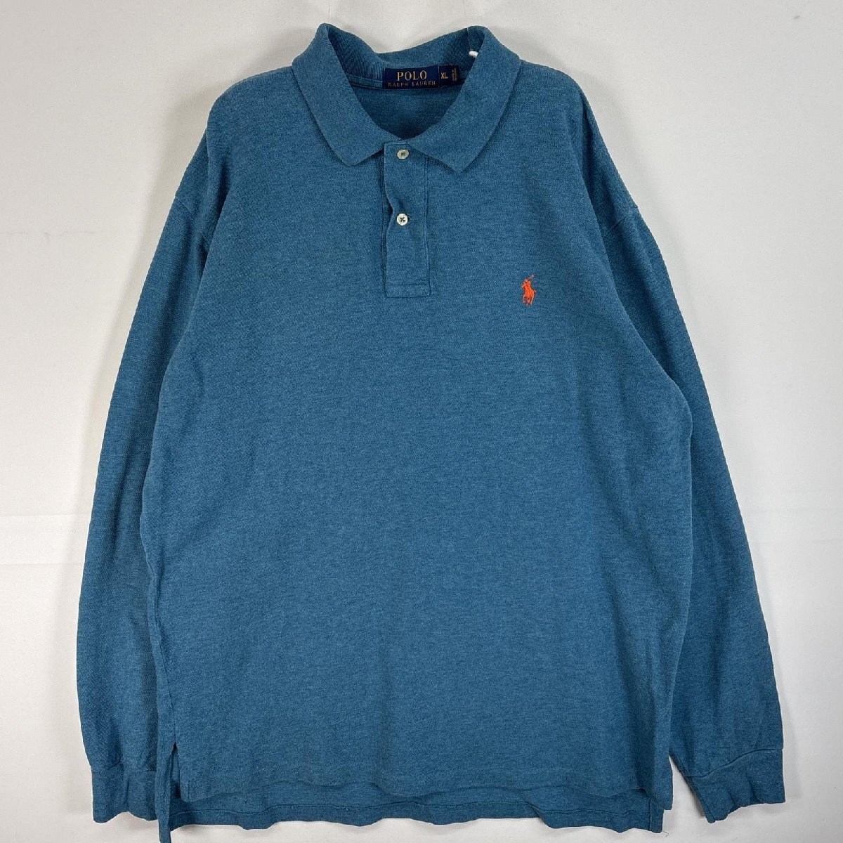 古着 ポロ・ラルフローレン POLO RALPH LAUREN 鹿の子 長袖 ポロシャツ ロゴ 刺繍 2ボタン 大きいサイズ XL ブルー 無地 メンズ拍卖