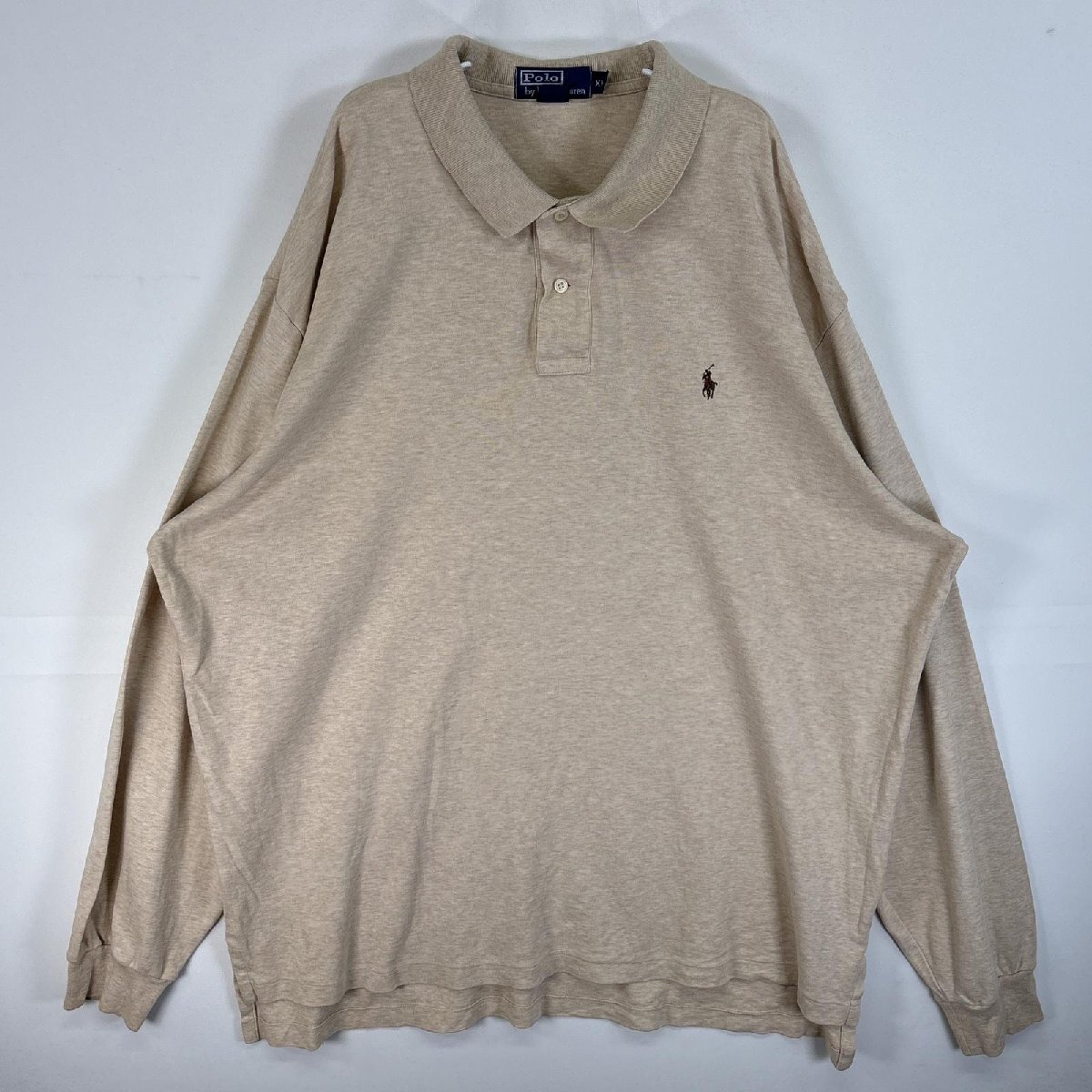 古着 90's/90年代 ポロバイラルフローレン Polo by Ralph Lauren 長袖 ポロシャツ ロゴ 刺繍 2ボタン 大きいサイズ XXL ベージュ拍卖