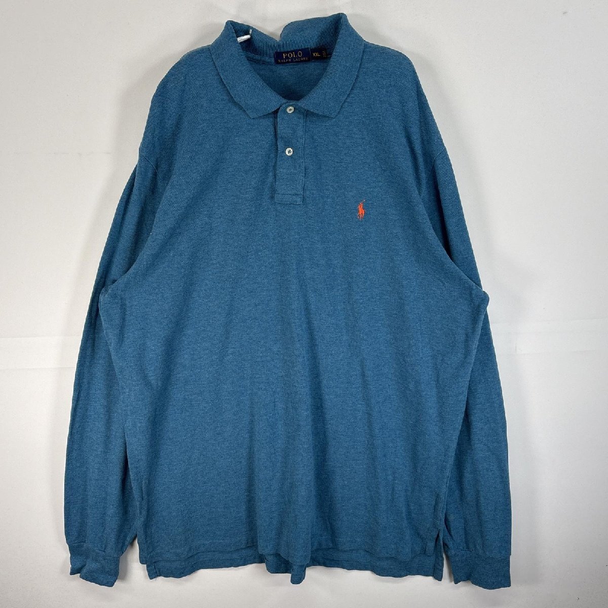 古着 ポロ・ラルフローレン POLO RALPH LAUREN 鹿の子 長袖 ポロシャツ ロゴ 刺繍 2ボタン 大きいサイズ XXL ブルー 無地 メンズ拍卖
