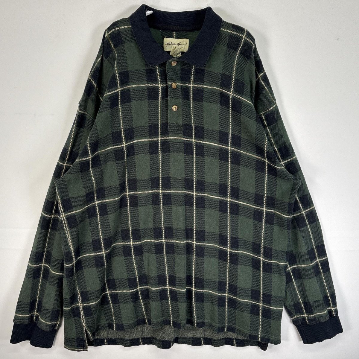 古着 90's/90年代 エディーバウアー Eddie Bauer 長袖 ポロシャツ チェック柄 3ボタン 大きいサイズ 厚手 XXL グリーン系 マルチカラー拍卖