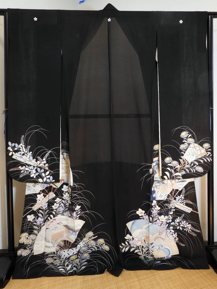 <銀の斧>正絹・アンティーク絽地お振袖・絽・幻想的な染・末広がりに御所車や秋花・涼やか・刺繍・夏正装着五つ紋・大正浪漫・大正期前後拍卖