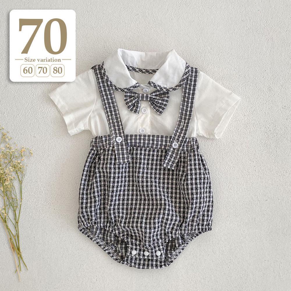 新品未使用 70cm ブラック〔#BMチェック柄サロペットロンパース〕半袖 ベビー フォーマル セレモニースーツ 男の子 結婚式 入園式 卒園式拍卖