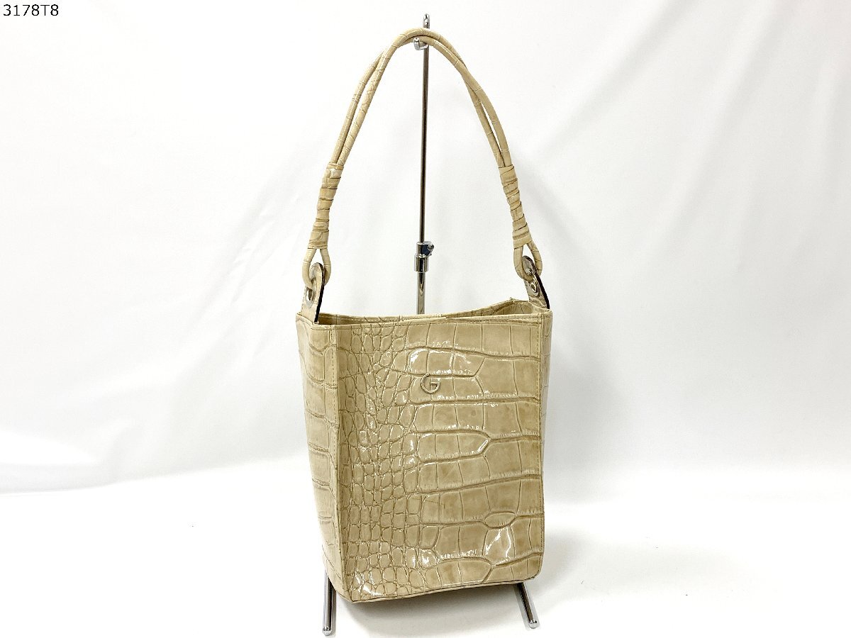 GRES グレ パテントレザー ハンドバッグ バケツバッグ クロコ型押し エナメル アイボリー ベージュ レディース BAG 3178T8-10拍卖