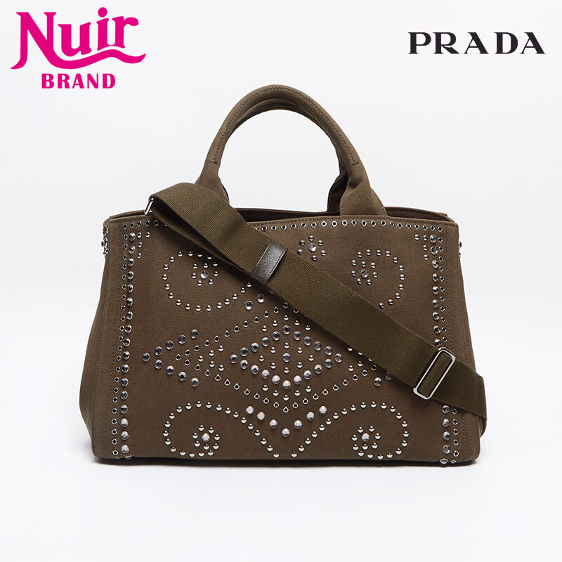 プラダ PRADA トートバッグ スタッズ カナパ M キャンバス カーキ拍卖
