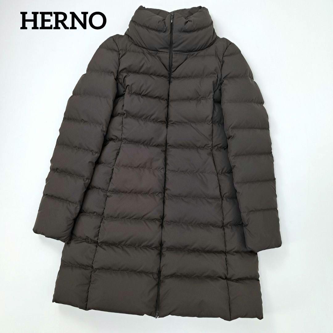 高機能 HERNO ヘルノ ポーラテック POLAR-TECH ダウンコート ダウンジャケット ダウン ブラウン 42 ロゴプレート付 レディース Aライン拍卖