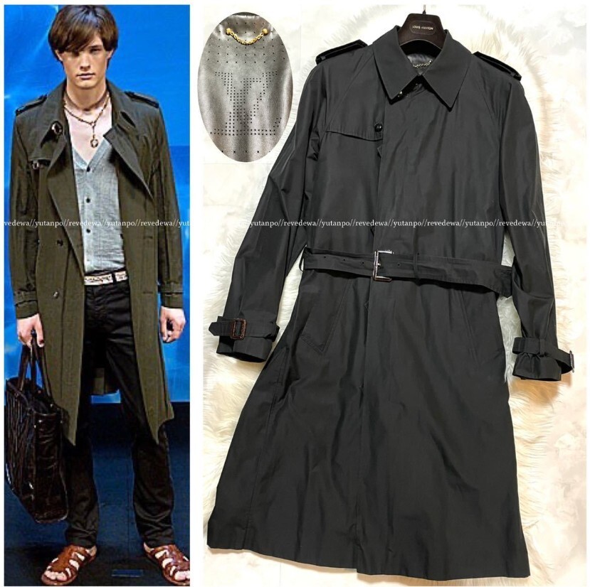 【極美品】ランウェイ ルイヴィトン くるみボタン LVレザー トレンチコート 黒 48 LOUIS VUITTON ジャケット ベルト付 コレクションモデル拍卖