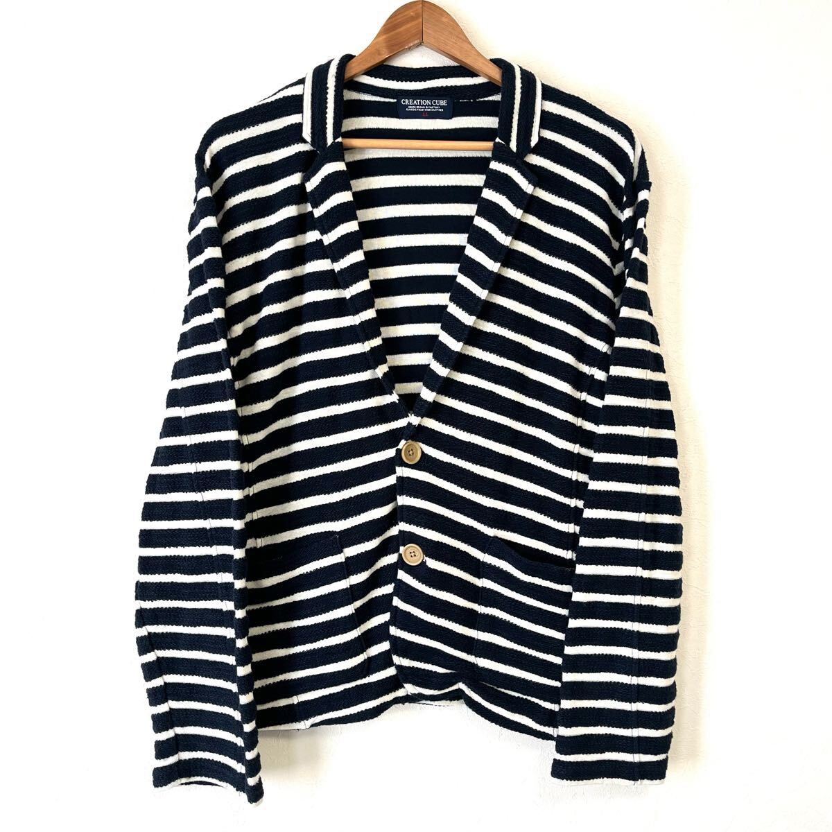 お洒落!LLサイズ◎【CREATION CUBE】クリエーションキューブ ボーダー ジャケット アウター ニット 柔らか カジュアル ネイビー/Y28412mm拍卖