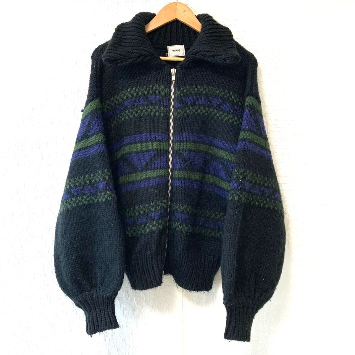個性派デザイン【W.W.G】フーズフーギャラリー ジップアップ ジャガード カウチン ニット セーター カーディガン モスグリーン F/Y29297UU拍卖