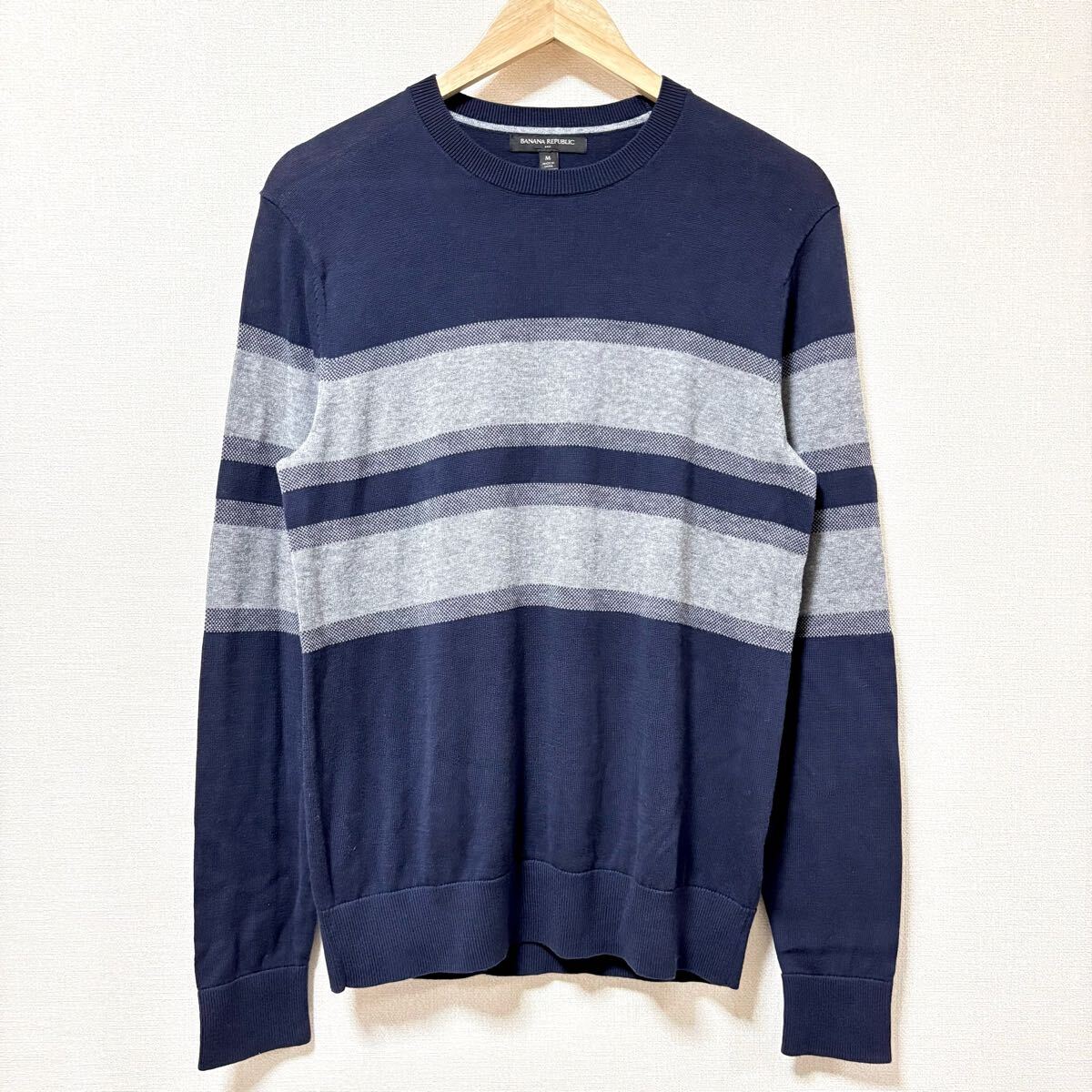 美品◎肌触り良好◎【BANANA REPUBLIC】バナナリパブリック クルーネック セーター 紺 薄手 コットン ニット 春 メンズ サイズM/Y29528SS拍卖