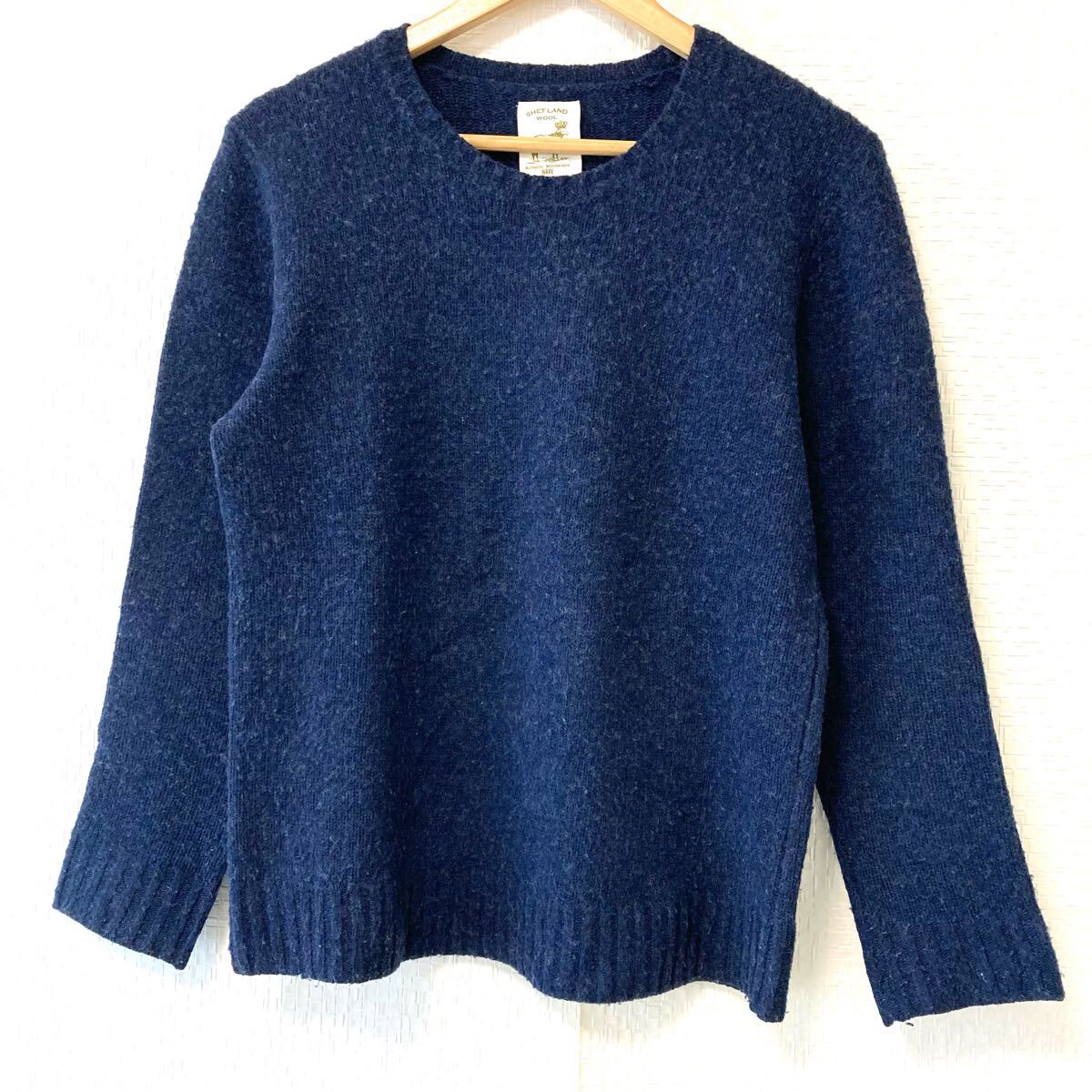 上質◎ 着心地抜群!【HARE】ハレ SHETLANDWOOL シェットランドウール ニット セーター クルーネック ネイビー 長袖 メンズ M/Y29785UU拍卖