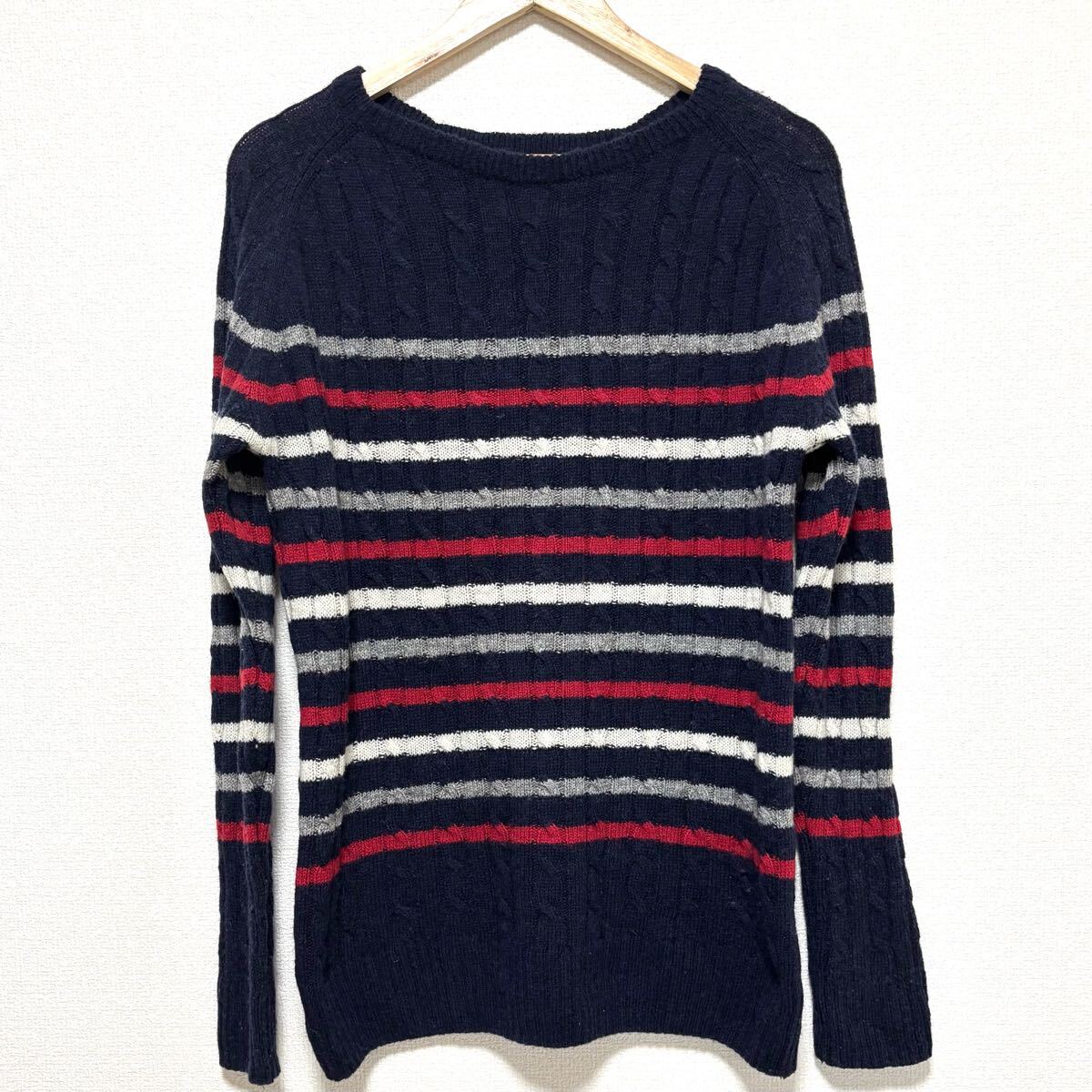 ニュージーランドウール◎【ikka】イッカ セーター ニット ボーダー ストライプ ボーダー きれいめ 重ね着 ネイビー レッド L / Y29729zz拍卖