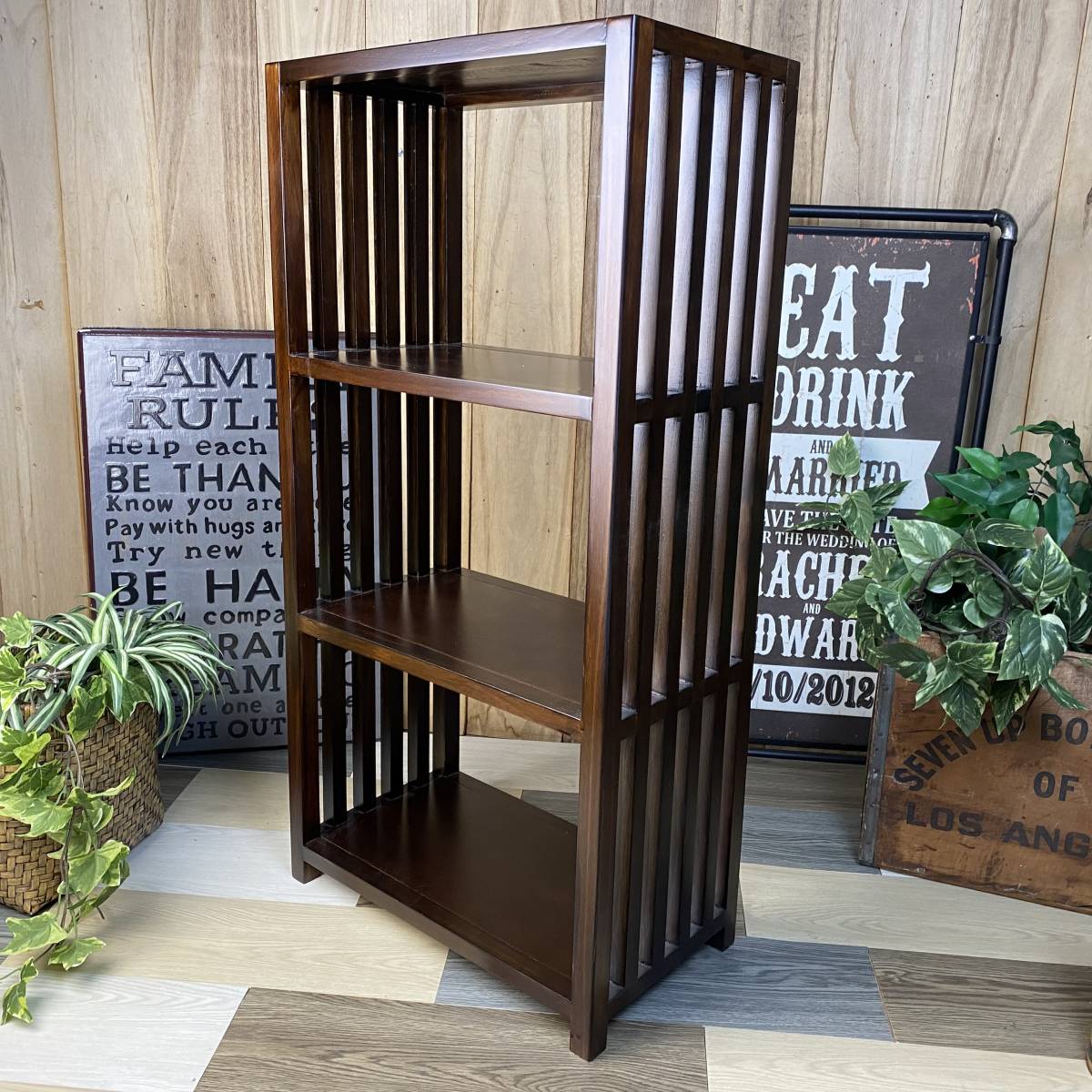 送料無料、アジアンエスニックモダン木製マルチラックシェルフ三段(45㎝×89㎝)本棚、飾り棚、多収納、インテリア、家具、格子棚拍卖