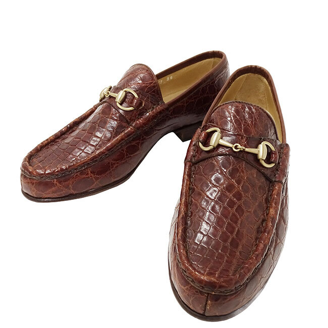 グッチ GUCCI 革靴 レディース ブランド クロコダイル ホースビット ローファー ブラウン 100・255 サイズ36 23cm おしゃれ 上品 高級感拍卖