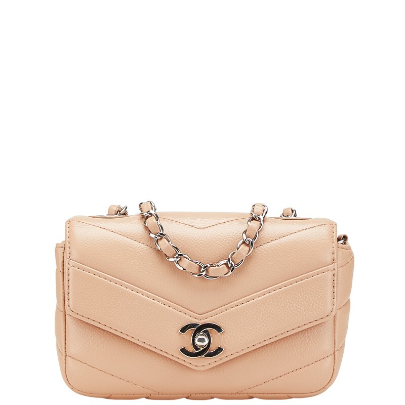 シャネル シェブロン ココマーク チェーン ショルダーバッグ ベージュ シルバー キャビアスキン レディース CHANEL 【中古】拍卖