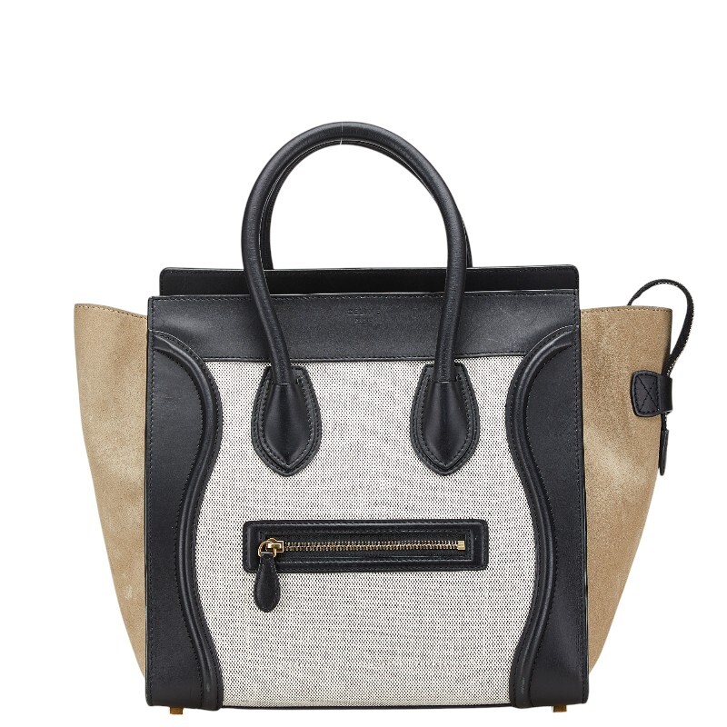 セリーヌ ラゲージ ミニショッパー ハンドバッグ ブラック グレージュ ホワイト レザー キャンバス スウェード CELINE 【中古】拍卖