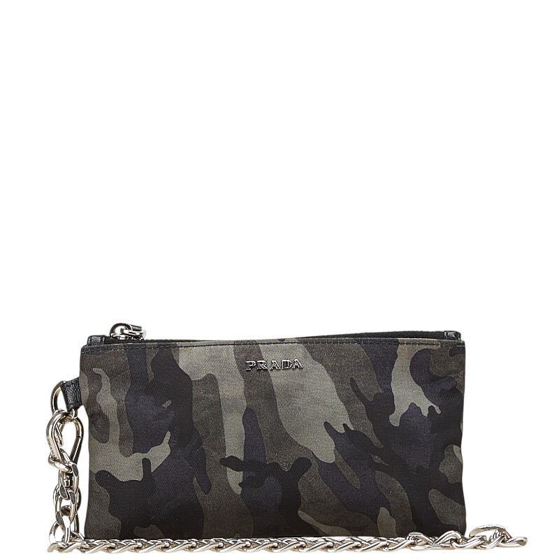 プラダ カモフラージュ 迷彩 ポーチ コインケース ブラック グレー ナイロン レザー メンズ PRADA 【中古】拍卖
