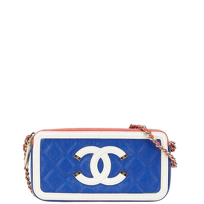 シャネル ココマーク トリコロール ショルダーバッグ ネイビー ホワイト キャビアスキン レディース CHANEL 【中古】拍卖