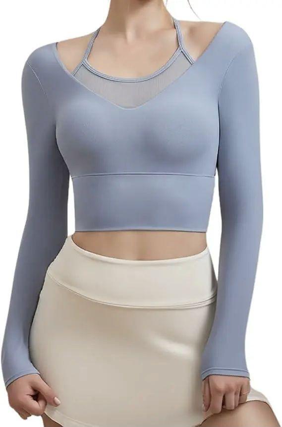 ヨガウェア トップス Mサイズ 長袖 モーヴグレー色 谷間チラ見え防止 カップ付拍卖
