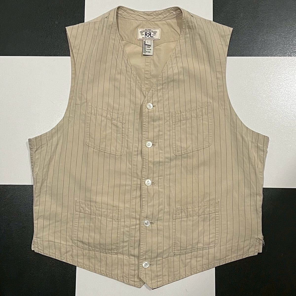【55】 希少 RRL 1920 ストライプ ワーク ジレ ベスト L シンチ リネン混 ダブルアールエル work stripe vest ラルフローレン ralph lauren拍卖