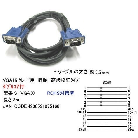 【VGA30】モニタケーブル 極細タイプ D-Sub15pin用 3m バルク品発送(開封)単品送料無料拍卖