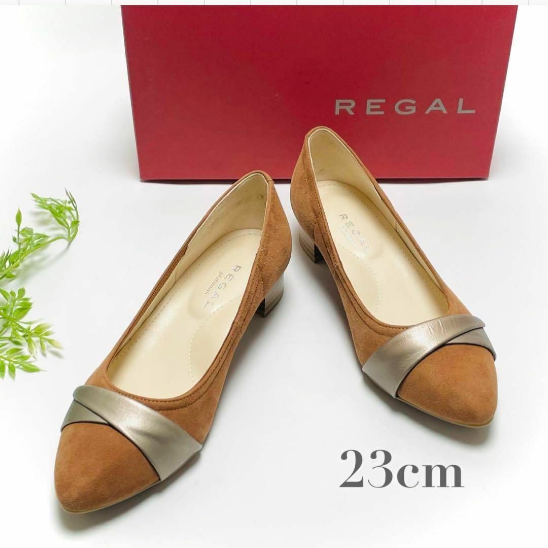 美品 REGAL リーガル アーモンドトゥ チャンキーヒール パンプス 靴 3E EEE ブラウン スエードレザー F07M レディース 23cm 日本製拍卖