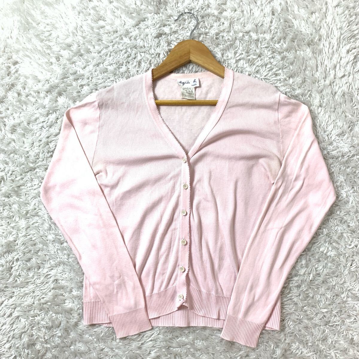 agnes b. アニエスベー Vネックカーディガン 長袖カーディガン ピンク コットン YA9166拍卖
