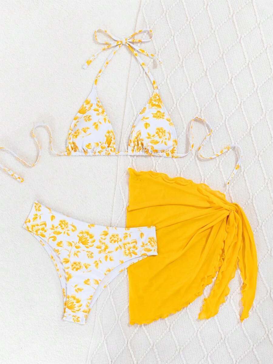 レディース 水着 ビキニセット 女性用サマービーチフローラル柄ホルターネックビキニセット ランダム柄、ビキニセットとカバースカート拍卖