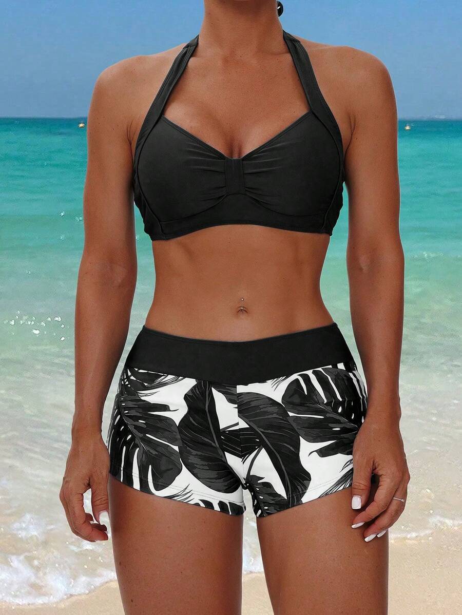 レディース 水着 ビキニセット 女性用 サマービーチ プリーツ ホルターネックビキニ セクシーなボーイショート付き トロピカルプリ拍卖