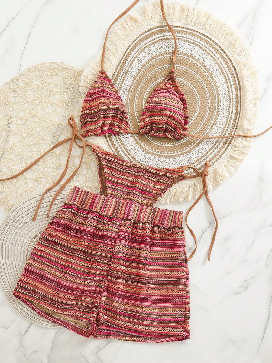 レディース 水着 ビキニセット ボヘミアンクロシェットニット 巾着付き ビキニ 3点セット サマー拍卖