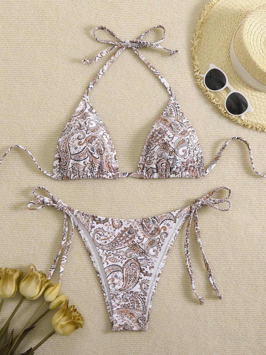 レディース 水着 ビキニセット ペイズリー柄 ホルターネック タイ前 セクシービキニ レディース、ビーチスイムウェア、ランダムプリ拍卖