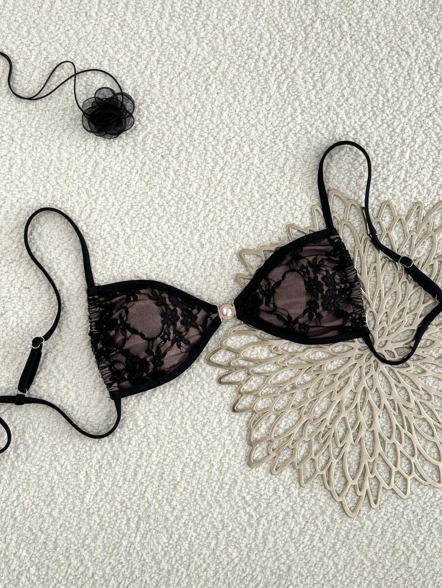 レディース 水着 トップス ビーチ夏服 レディース セクシーな ブラック レース ホルターネック 水着トップ バケーション用拍卖