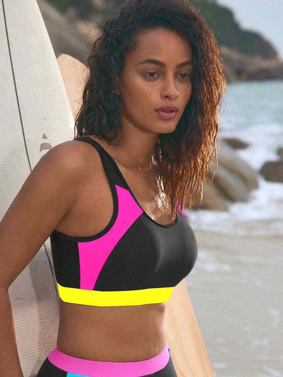 レディース 水着 トップス 2024年新デザイン カラーブロック スポーツ 水泳 トレーニング カジュアル パッド入りビキニトップ拍卖