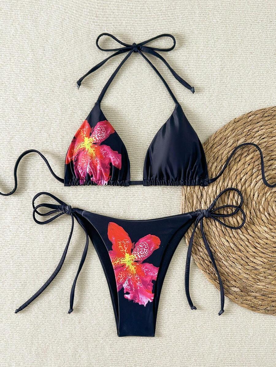 レディース 水着 ビキニセット レディース フローラル柄 2点セット ビキニ、三角トップ タイ付き、三角ボトム サイドタイ、夏の水拍卖