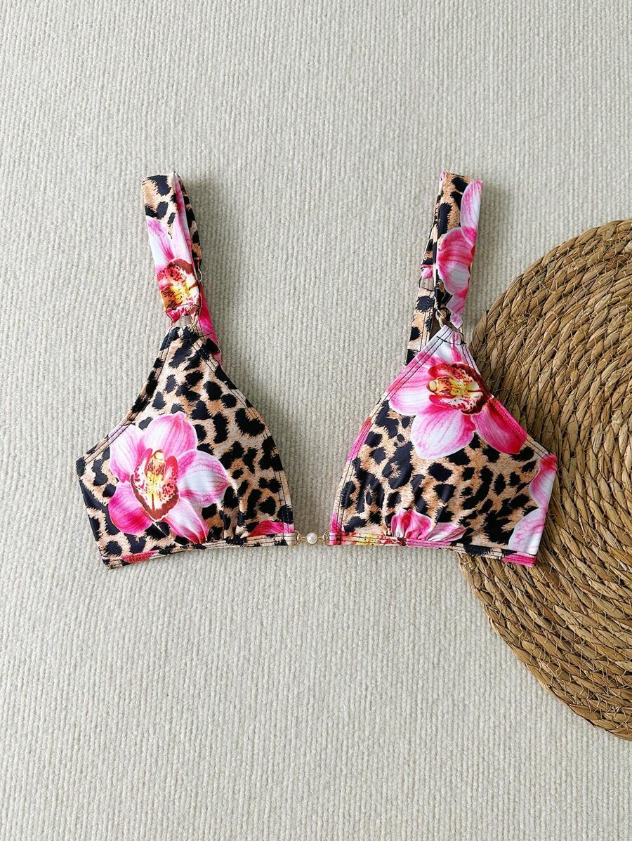 レディース 水着 トップス レディースサマービーチ豹柄&熱帯植物ランダムパターン 太めストラップ パールアクセント水着トップ拍卖