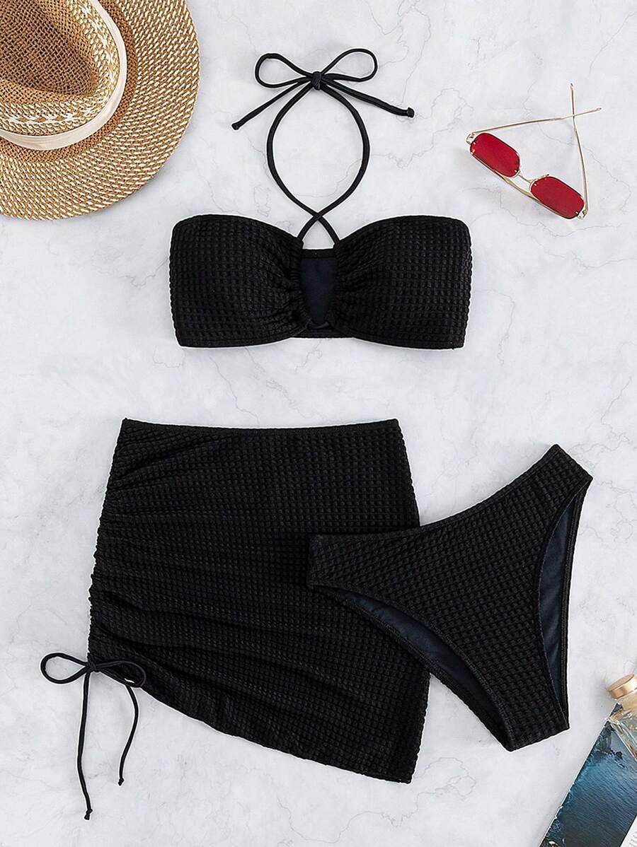 レディース 水着 ビキニセット ホルターネック無地トップ、三角ボトム、サロンスカートの3点セット水着拍卖