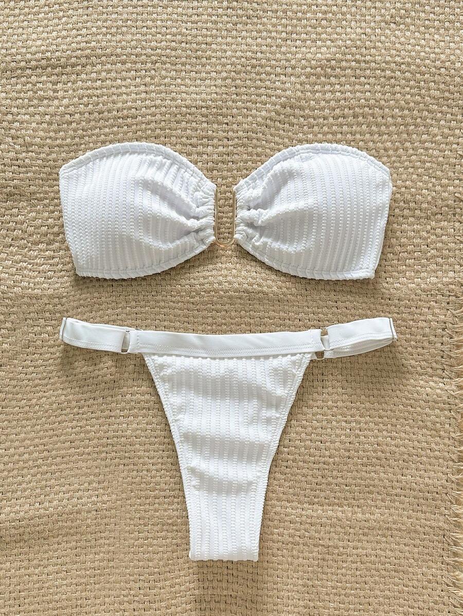 レディース 水着 ビキニセット 女性夏無地ストラップレスバンドゥ金属装飾セクシーなビキニ水着セット拍卖