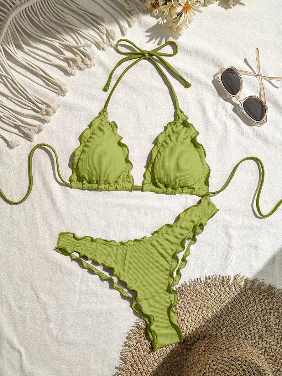 レディース 水着 ビキニセット 女性のバケーション セクシー 無地 高伸縮性 フリルエッジ ビキニセット拍卖