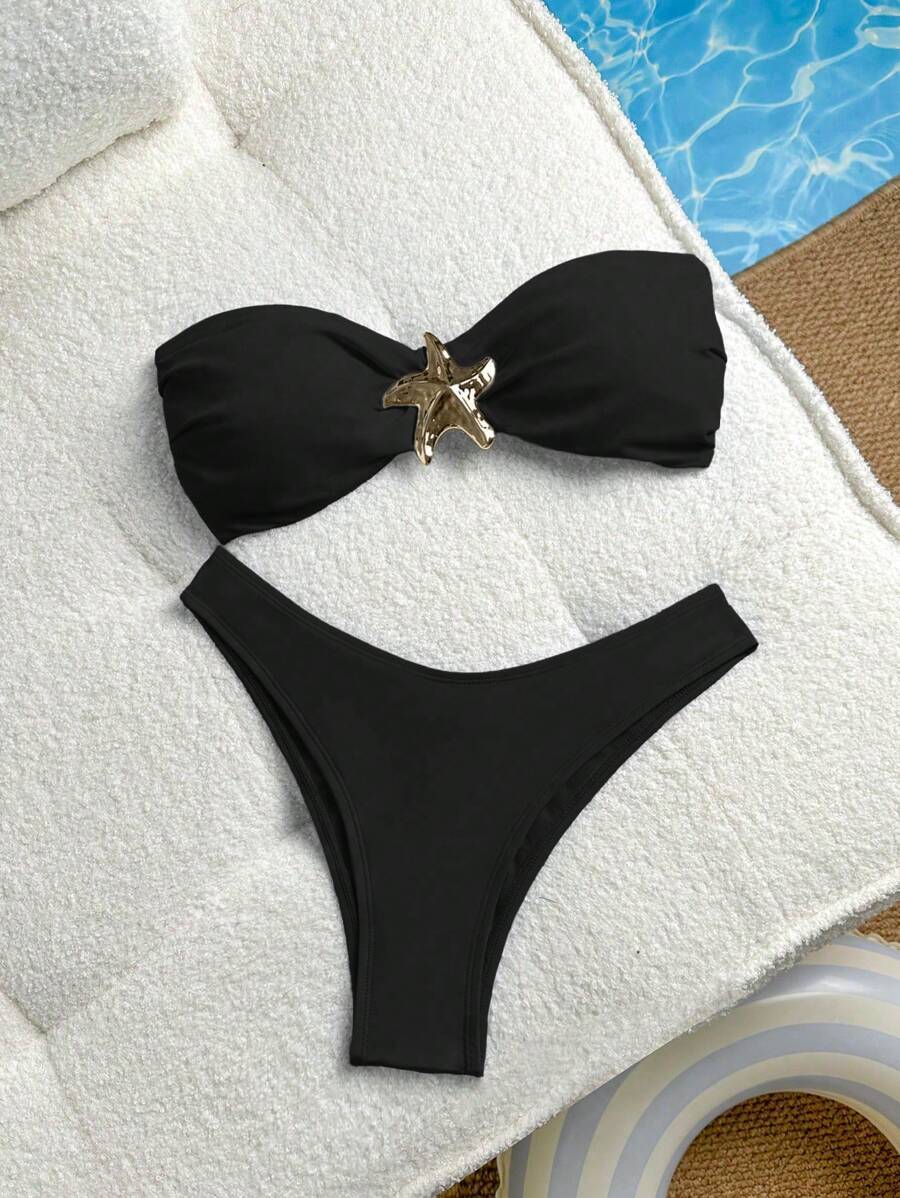 レディース 水着 ビキニセット 2点セット レディース カジュアル ホリデー ソリッドカラー バンドゥビキニ、星デコレーション付き拍卖